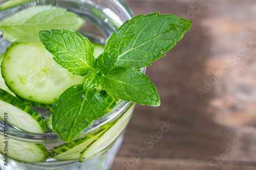 Fresh cucumber and mint in glass. Detox water. Health
