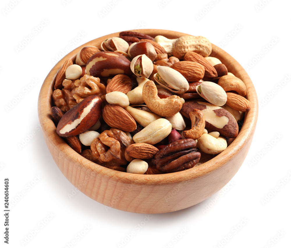 Bowl with mixed organic nuts on white background Bowl with mixed organic nuts on white background