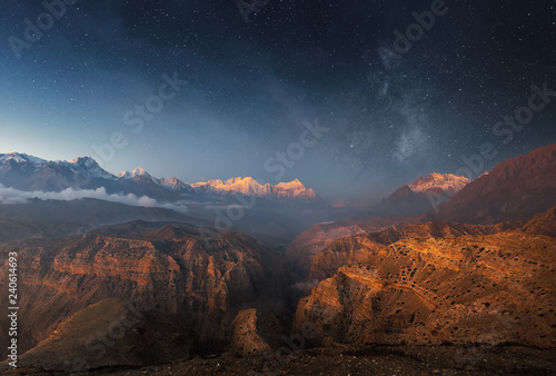 Panoramic view of starry sky over a canyon in Upper Mustang, Nepal