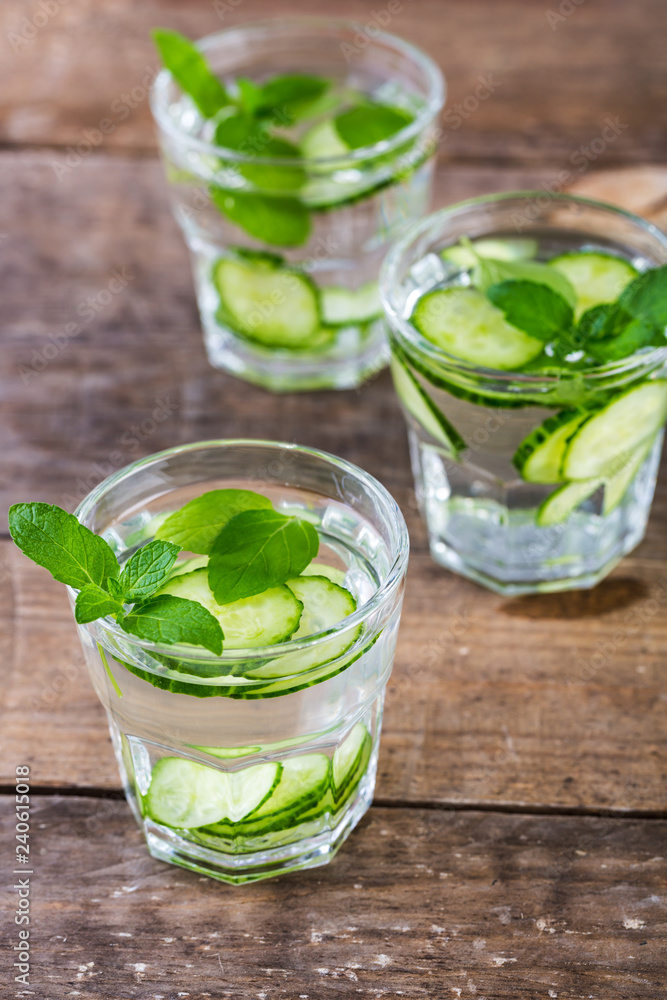 Cucumber water. Summer cool water with mint on table Cucumber water. Summer cool water with mint on table
