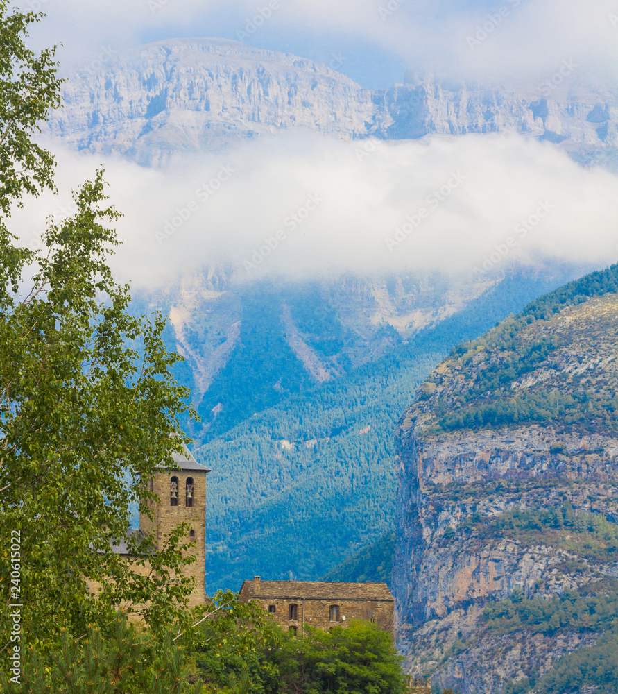 Village of Torla Ordesa, with Monte Perdido behind in Huesca, Spain