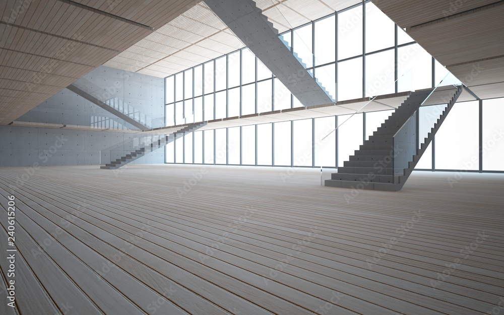 Abstract concrete and wood interior multilevel public space with window. 3D illustration and rendering. Abstract concrete and wood interior multilevel public space with window. 3D illustration and rendering.