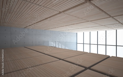 Abstract concrete and wood interior multilevel public space with window. 3D illustration and rendering.