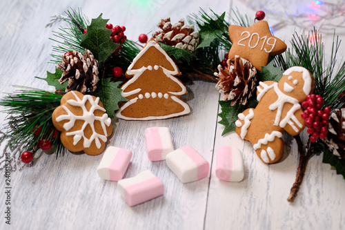 ginger biscuit and marshmallow on white background with Christmas tree