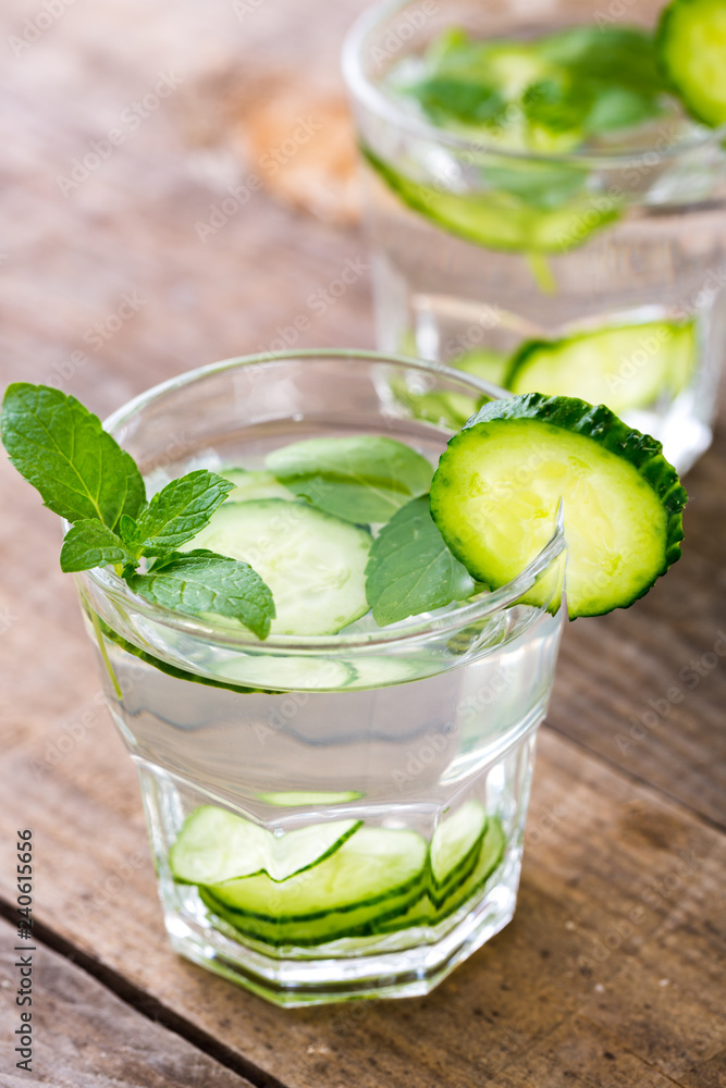 Cucumber water. Summer cool water with mint on table Cucumber water. Summer cool water with mint on table
