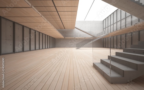 Abstract concrete and wood interior multilevel public space with window. 3D illustration and rendering.