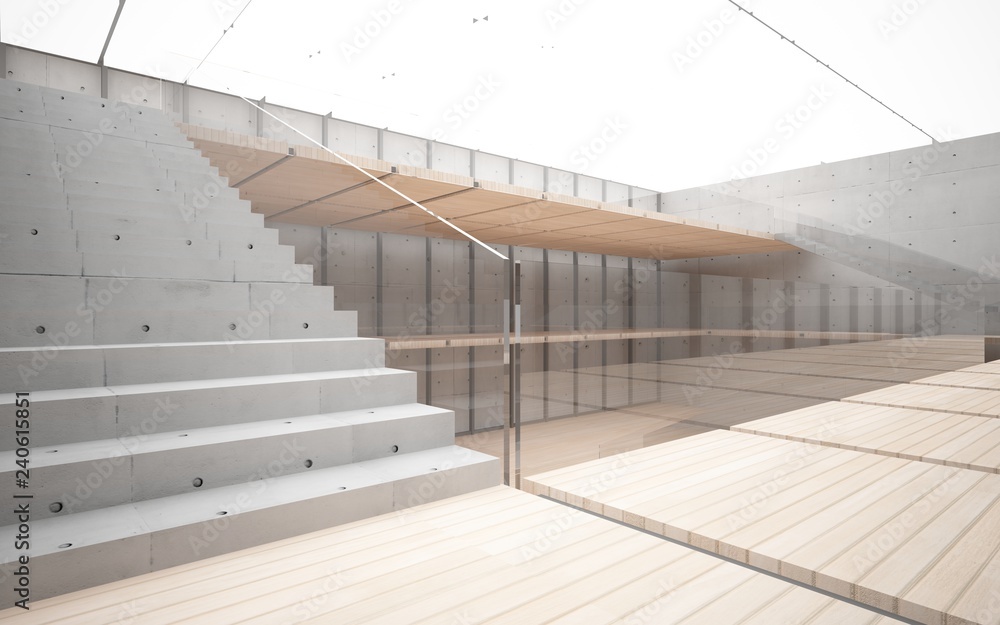 Abstract concrete and wood interior multilevel public space with window. 3D illustration and rendering. Abstract concrete and wood interior multilevel public space with window. 3D illustration and rendering.