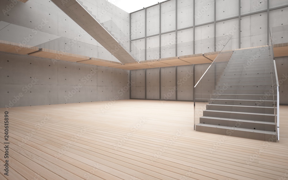 Obraz premium Abstract concrete and wood interior multilevel public space with window. 3D illustration and rendering.
