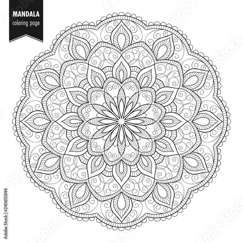 Decorative monochrome ethnic mandala pattern. Anti-stress coloring book page for adults. Hand drawn illustration