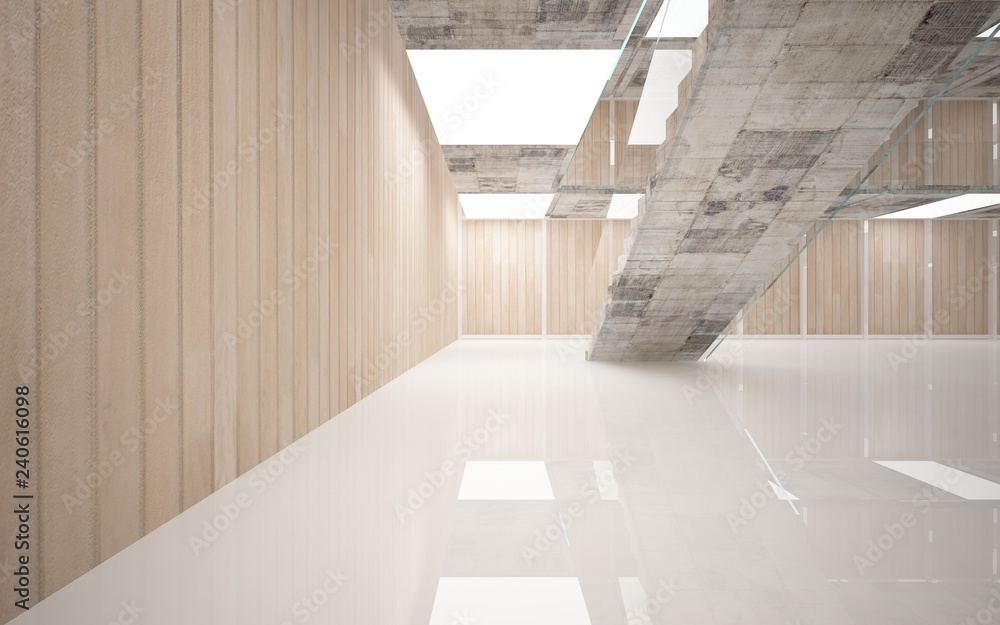 Obraz premium Abstract concrete and wood interior multilevel public space with neon lighting. 3D illustration and rendering.