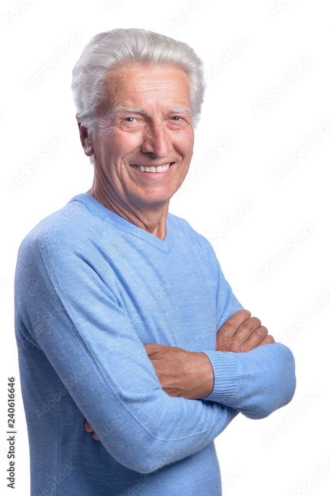 Smilling senior man posing on white background