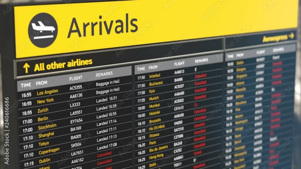 Video „Airport arrivals board with updating information, many flights