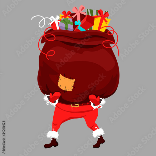 Santa Claus is holding a big heavy bag with Christmas gifts