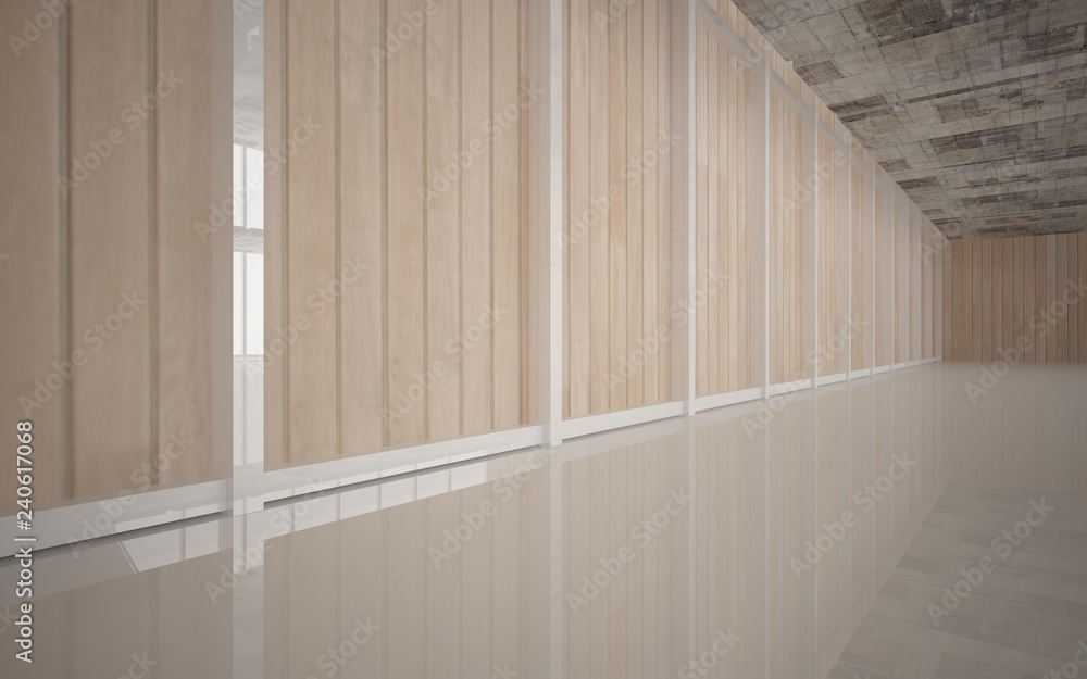 Abstract concrete and wood interior multilevel public space with window. 3D illustration and rendering. Abstract concrete and wood interior multilevel public space with window. 3D illustration and rendering.