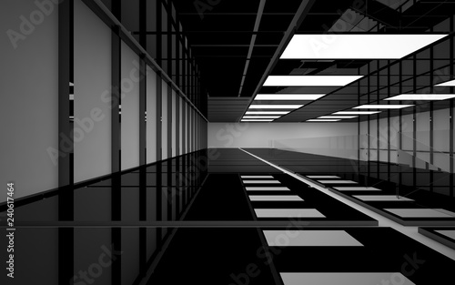 Abstract white and black interior multilevel public space with neon lighting. 3D illustration and rendering.