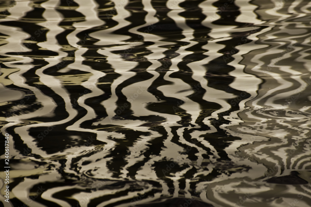Silk water surface with golden stripes and waves, background textural