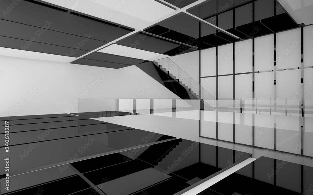 Obraz premium Abstract white and black interior multilevel public space with window. 3D illustration and rendering.