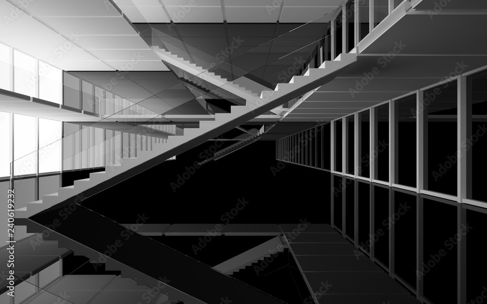 Abstract white and black interior multilevel public space with window. 3D illustration and rendering.