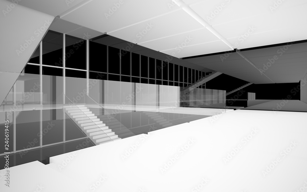 Abstract white and black interior multilevel public space with window. 3D illustration and rendering. Abstract white and black interior multilevel public space with window. 3D illustration and rendering.