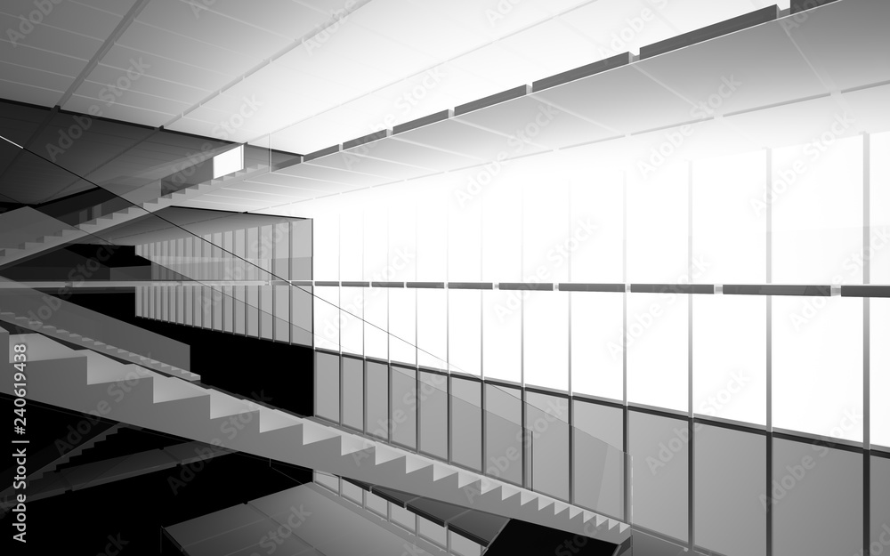Abstract white and black interior multilevel public space with window. 3D illustration and rendering. Abstract white and black interior multilevel public space with window. 3D illustration and rendering.
