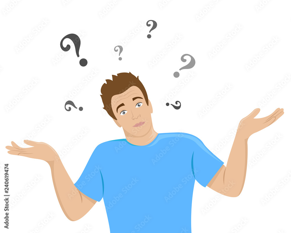 The surprised young man shrugs. Flat isolated illustration. The surprised young man shrugs. Flat isolated illustration.