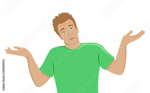 The surprised young man shrugs. Flat isolated illustration.