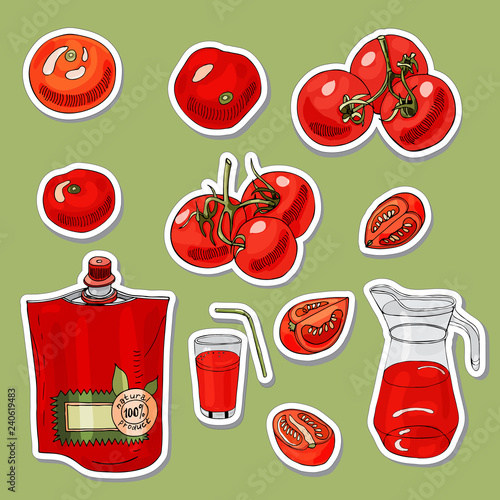 Set of stickers of tomatoes  and different  hand drawn object.
