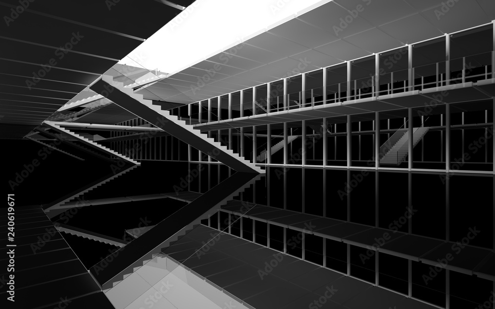 Obraz premium Abstract white and black interior multilevel public space with window. 3D illustration and rendering.