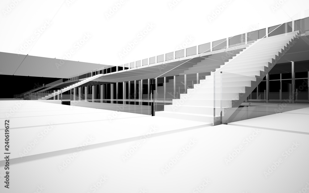 Obraz premium Abstract white and black interior multilevel public space with window. 3D illustration and rendering.