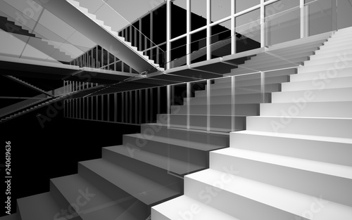 Abstract white and black interior multilevel public space with window. 3D illustration and rendering.