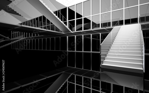 Abstract white and black interior multilevel public space with window. 3D illustration and rendering.