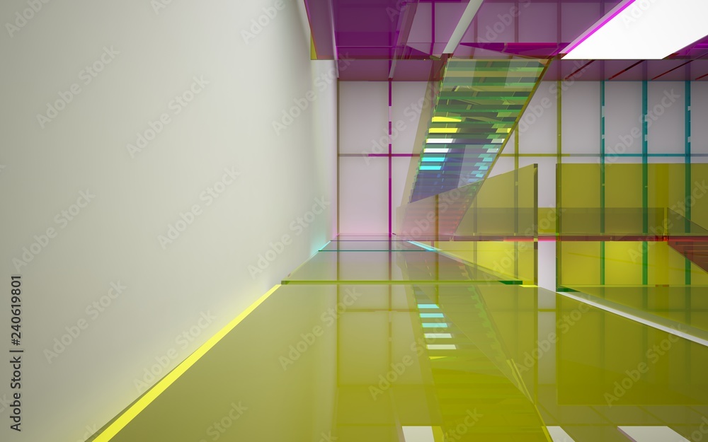 Obraz premium Abstract white and colored gradient glasses interior multilevel public space with window. 3D illustration and rendering.