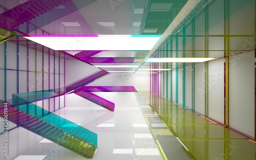 Abstract white and colored gradient glasses interior multilevel public space with window. 3D illustration and rendering.