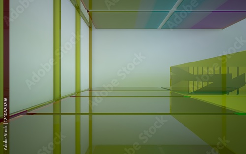 Abstract white and colored gradient glasses interior multilevel public space with window. 3D illustration and rendering.