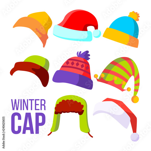 Winter Cap Set Vector. Cold Weather Headwear. Hats, Caps. Apparel Clothes For Autumn. Isolated Cartoon Illustration
