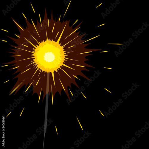 vector illustration sparkler brightly lit on a black background in yellow