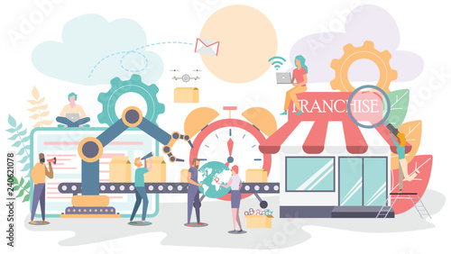 Vector illustration, Business industry production line and franchise with workers, Automation and boxs on line production with workers connection.