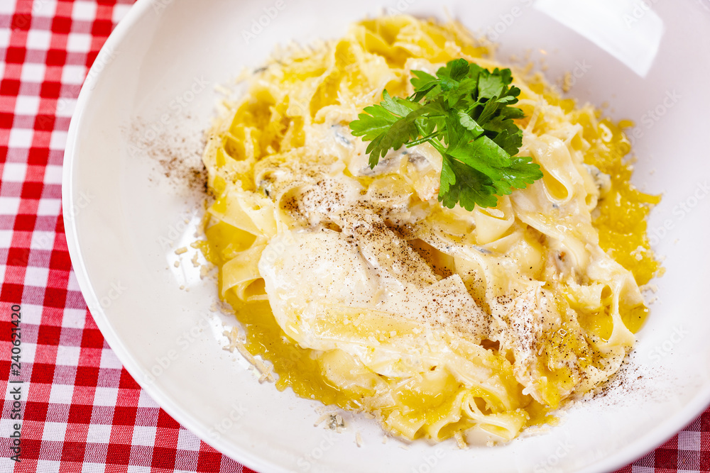 Italian Pasta with cheese on white plate. Close up Italian Pasta with cheese on white plate. Close up