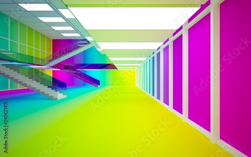 Abstract white and colored gradient glasses interior multilevel public space with window. 3D illustration and rendering.