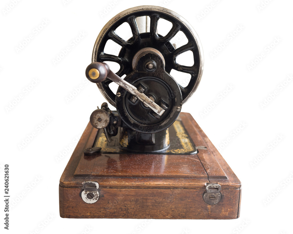 Obraz premium Vintage hand sewing machine, selective focus, cutout, isolated on white
