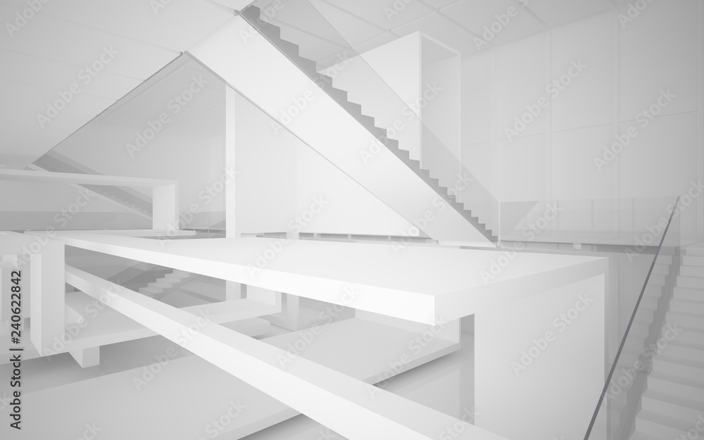 Abstract white interior multilevel public space with window. 3D illustration and rendering. Abstract white interior multilevel public space with window. 3D illustration and rendering.