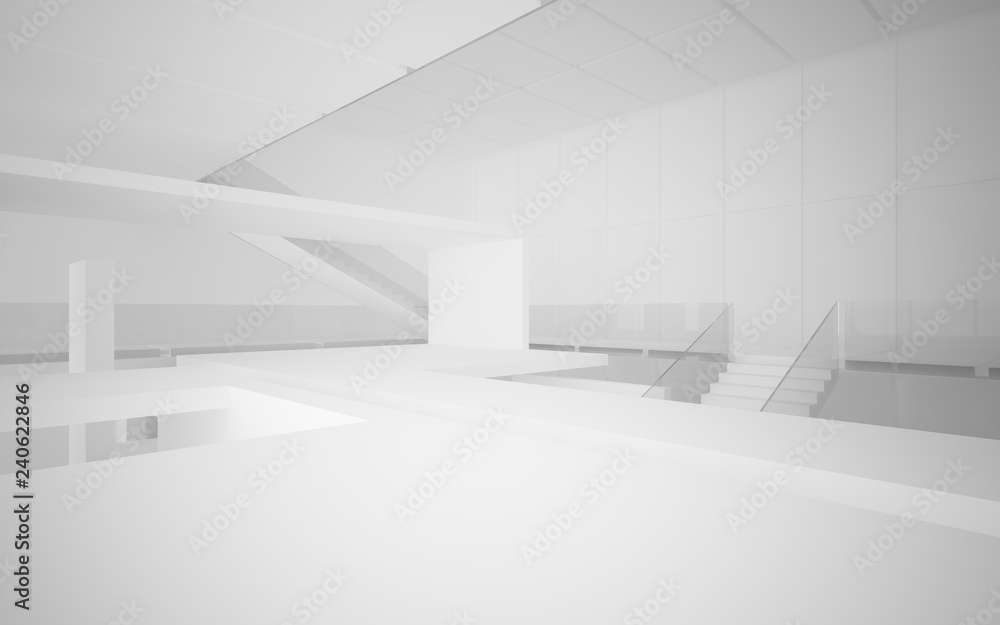 Abstract white interior multilevel public space with window. 3D illustration and rendering. Abstract white interior multilevel public space with window. 3D illustration and rendering.
