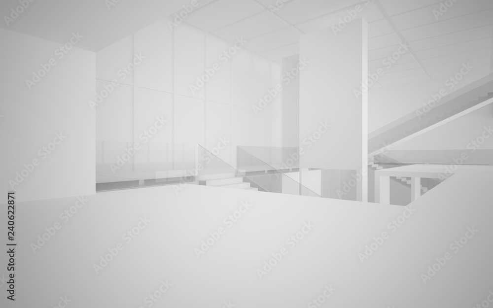 Abstract white interior multilevel public space with window. 3D illustration and rendering. Abstract white interior multilevel public space with window. 3D illustration and rendering.