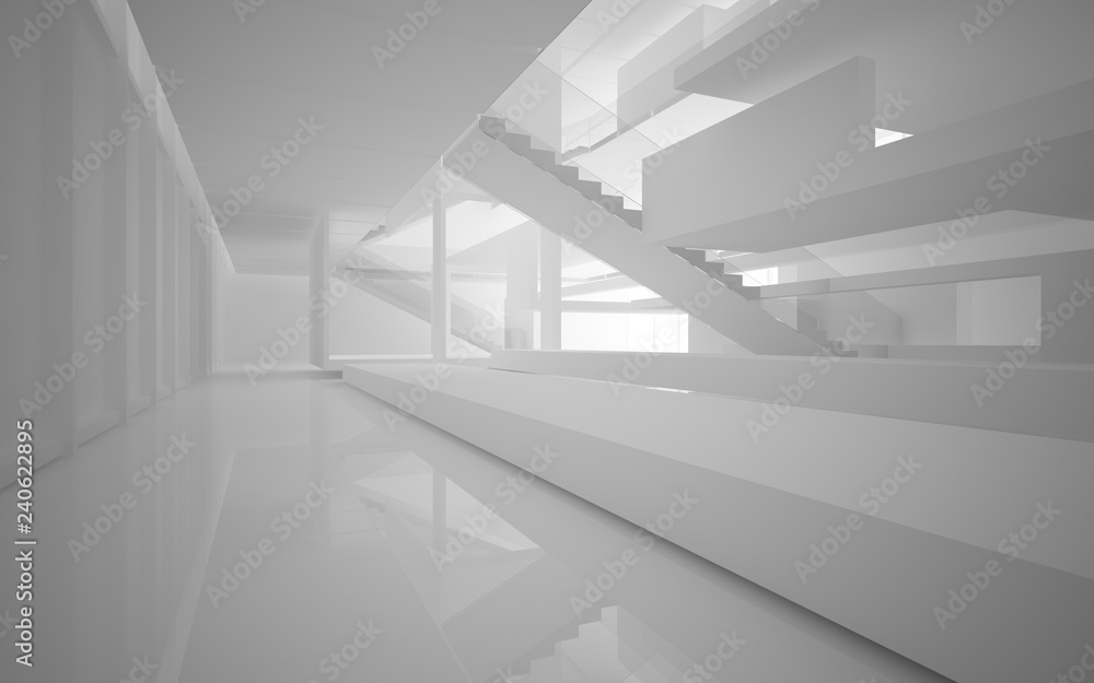 Fototapeta premium Abstract white interior multilevel public space with window. 3D illustration and rendering.