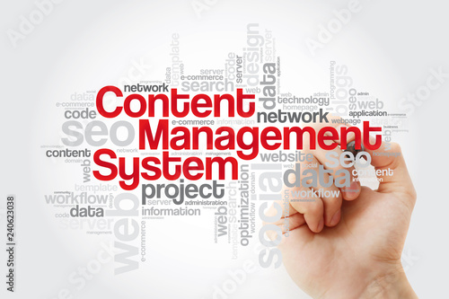 Content Management System word cloud with marker, business concept background