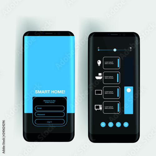 Managing a smart home through a mobile application in a smartphone, mobile application design, vector illustration