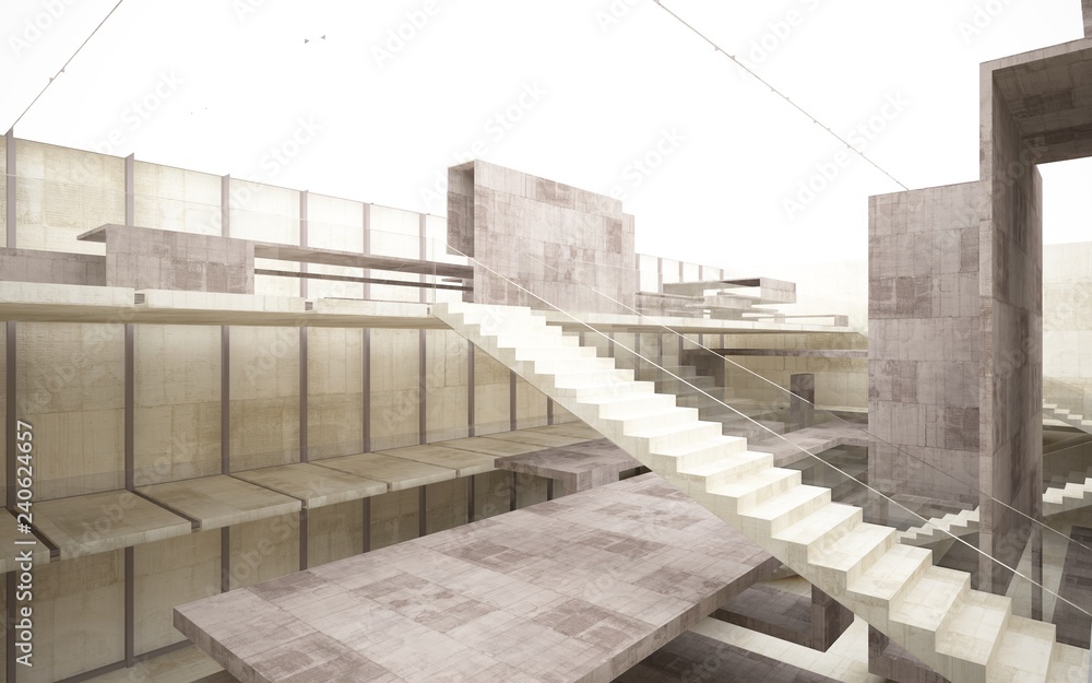 Abstract  concrete interior multilevel public space with window. 3D illustration and rendering.