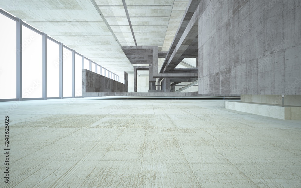 Abstract concrete interior multilevel public space with window. 3D illustration and rendering. Abstract concrete interior multilevel public space with window. 3D illustration and rendering.