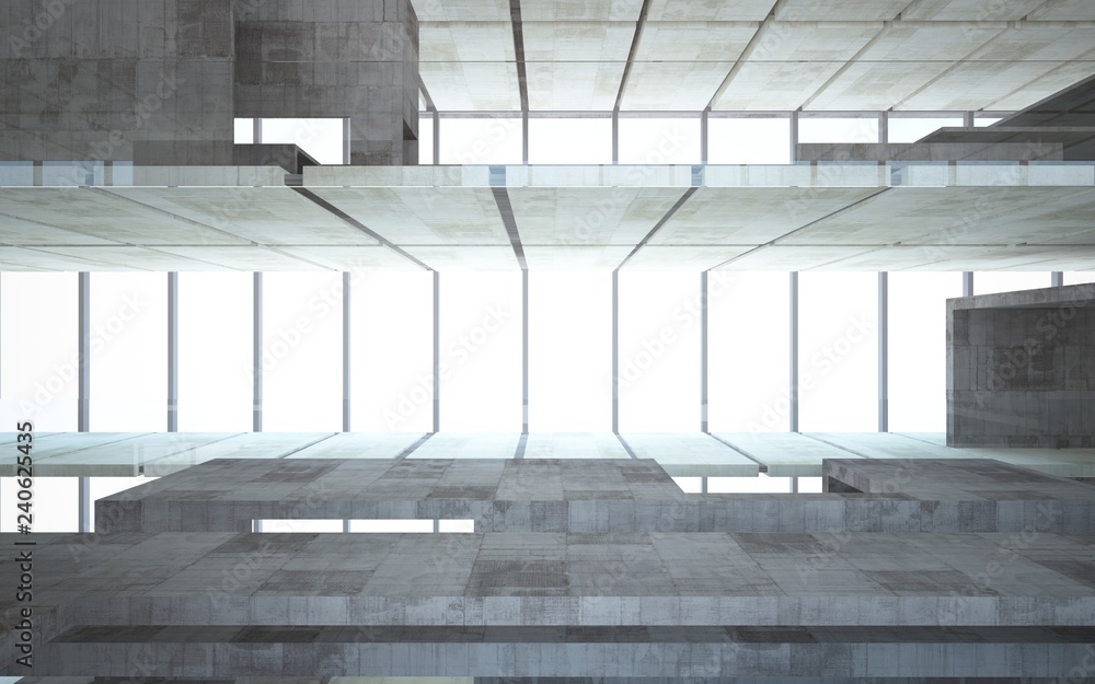 Obraz premium Abstract concrete interior multilevel public space with window. 3D illustration and rendering.