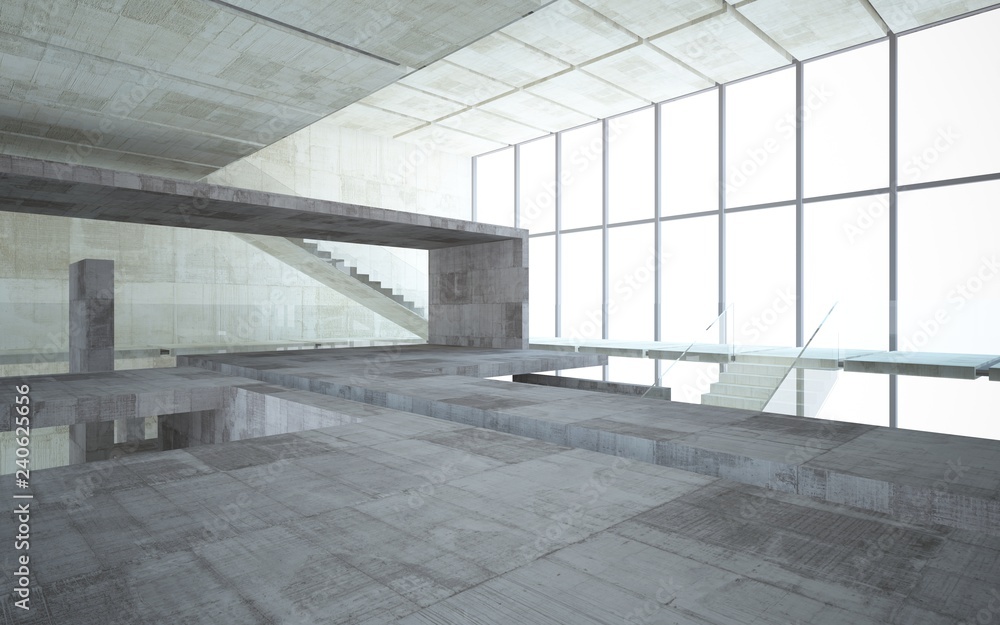 Abstract concrete interior multilevel public space with window. 3D illustration and rendering. Abstract concrete interior multilevel public space with window. 3D illustration and rendering.